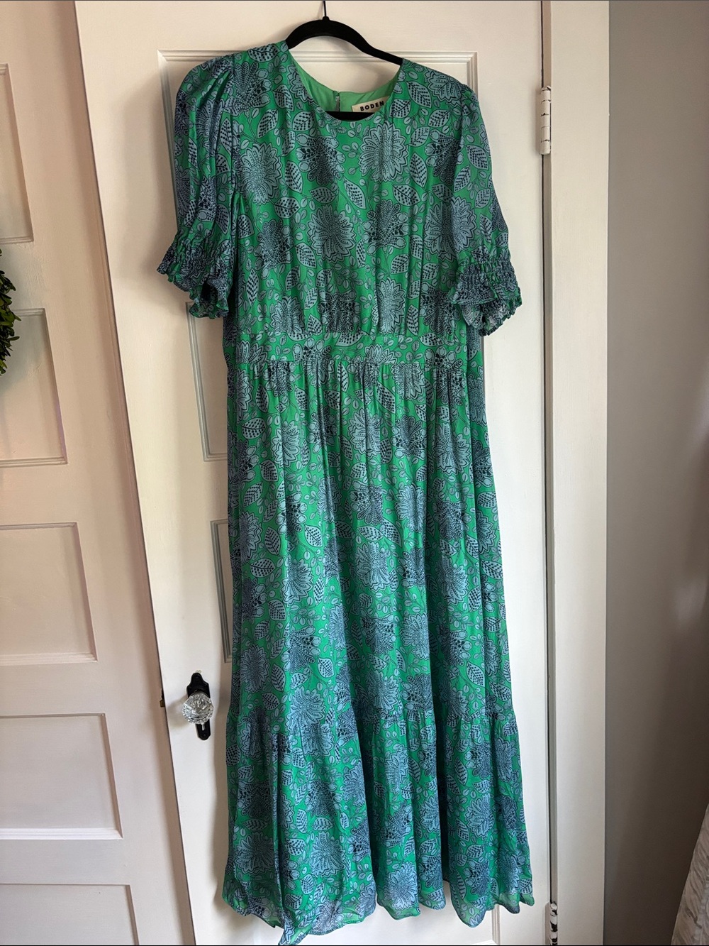 Boden Green and Blue Paisley Maxi Dress with Ruffle Sleeves